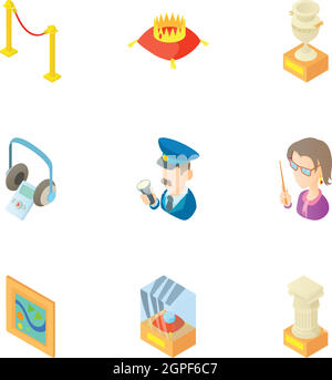 Walk in museum icons set, cartoon style Stock Vector