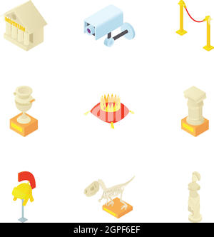 Items in museum icons set, cartoon style Stock Vector