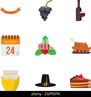 Thanksgiving feast icons set, flat style Stock Vector