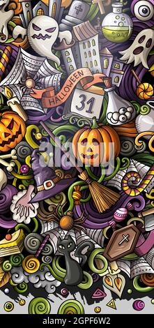 Cartoon cute colorful vector hand drawn doodles Halloween banner Stock Vector