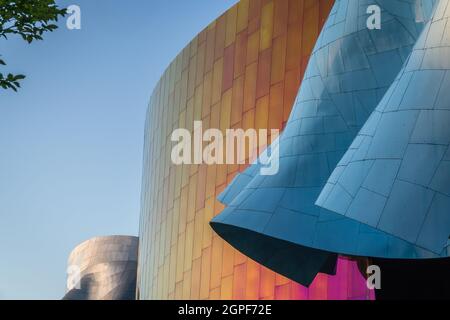 Seattle, WA, US - July 5, 2021: View of the iconic Seattle Space Needle next to the futuristic EMP or Experience Music Project building. Stock Photo