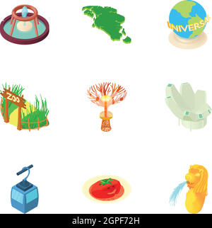 Country Singapore icons set, cartoon style Stock Vector