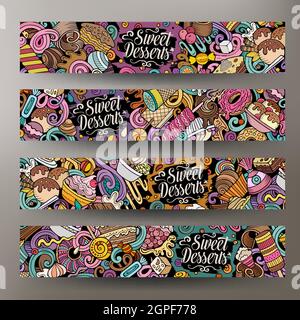 Cartoon cute doodles Desserts horizontal banners set Stock Vector