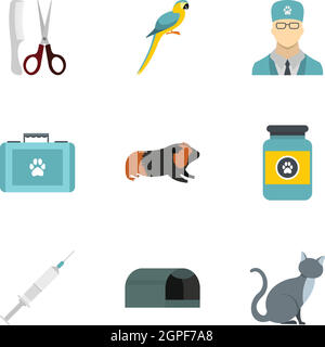 Treatment of animals icons set, flat style Stock Vector