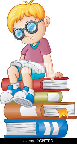 Little boy reading book on the stack of book Stock Vector