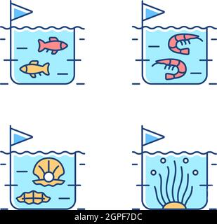 Commercial sea product farming RGB color icons set Stock Vector