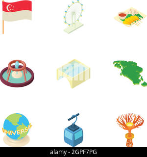 Attractions of Singapore icons set, cartoon style Stock Vector