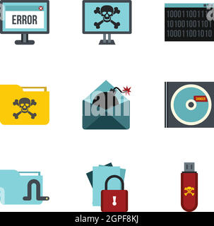Ddos attack icons set, flat style Stock Vector