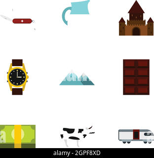 Country Switzerland icons set, flat style Stock Vector