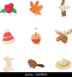 Country Canada icons set, cartoon style Stock Vector