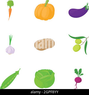 Vegetables icons set, cartoon style Stock Vector