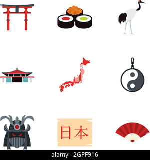 Tourism in Japan icons set, flat style Stock Vector