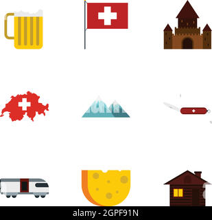 Tourism in Switzerland icons set, flat style Stock Vector