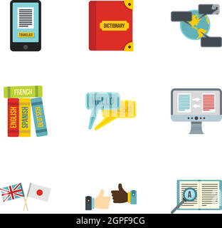 Translation icons set, flat style Stock Vector