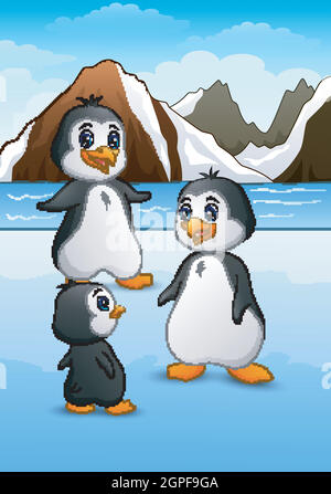 Penguin family standing on icy landscape Stock Vector