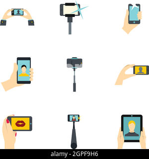 Shooting on cell phone icons set, flat style Stock Vector