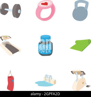 Fitness Icons Set Vector. Sport Tools Accessories. Bag, Towel