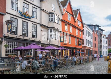 King Street Bristol, view of people relaxing at tables outside popular pubs in King Street, Bristol, England, UK Stock Photo