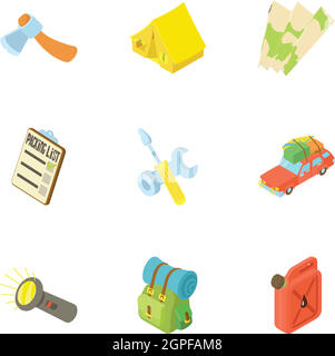 Vacation in forest icons set, cartoon style Stock Vector