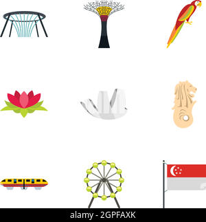 Tourism in Singapore icons set, flat style Stock Vector