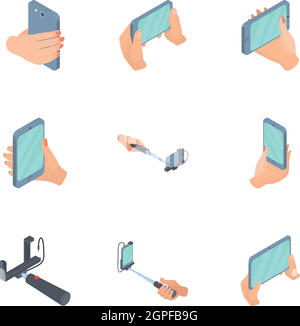 Selfie mobile phone icons set, cartoon style Stock Vector