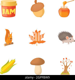 Autumn coming icons set, cartoon style Stock Vector