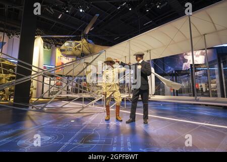 Figures of the Wright Brothers in front of their Flyer airplane. At the National Museum of the United States Army at Fort Belvoir, Virginia. Stock Photo