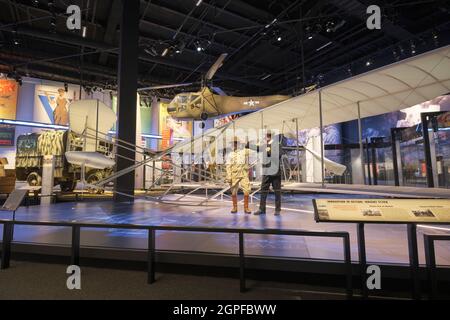 Figures of the Wright Brothers in front of their Flyer airplane. At the National Museum of the United States Army at Fort Belvoir, Virginia. Stock Photo