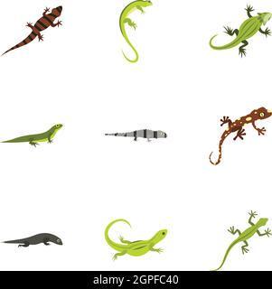 Iguana icons set, flat style Stock Vector