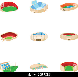 Game at stadium icons set, cartoon style Stock Vector