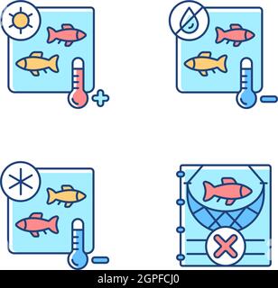 Fish products sterilization RGB color icons set Stock Vector