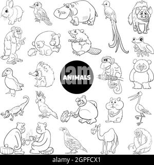 Black and White Cartoon Illustration of Wild Animal Characters Large ...