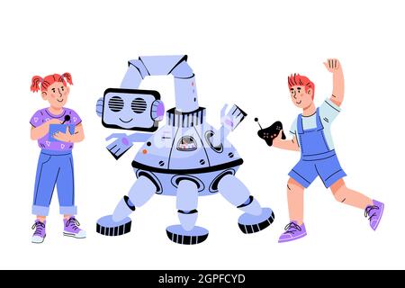 Robotics with smart kids designing electronic robots. Children explore and create smart toys, flat vector illustration isolated on white. Childrens pr Stock Vector