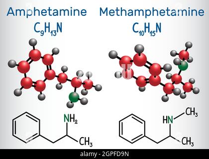 Amfetamine (amphetamine, C9H13N) and Methamphetamine (crystal meth, C10H15N) molecule. Structural chemical formula and molecule model Stock Vector