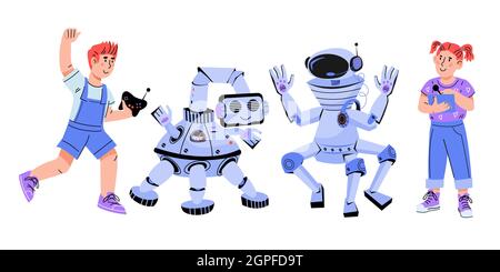 Children build and program robots. Image for teaching children robotics and programming, engineering and electronic technologies, flat cartoon vector Stock Vector