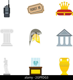Stay in museum icons set, flat style Stock Vector
