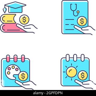 Workplace wellbeing benefits RGB color icons set Stock Vector