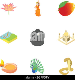 Holiday in India icons set, cartoon style Stock Vector