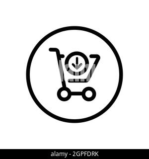 Shopping cart. Down arrow. Commerce outline icon in a circle. Vector illustration Stock Vector