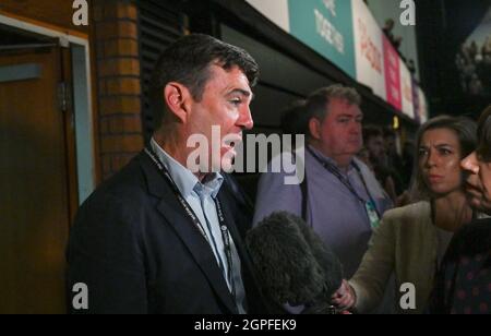 Brighton UK 29th September 2021 - Andy Burnham after listening to Sir Keir Starmer's speech to the Labour Party Conference today at the Brighton Centre  : Credit Simon Dack / Alamy Live News Stock Photo