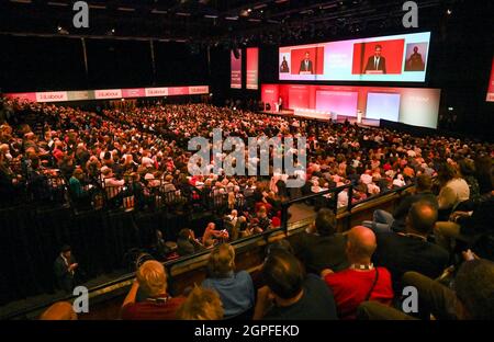 Brighton UK 29th September 2021 - Sir Keir Starmer giving his speech to the Labour Party Conference today at the Brighton Centre  : Credit Simon Dack / Alamy Live News Stock Photo