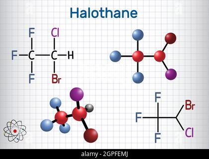 Halothane general anesthetic drug molecule. Structural chemical formula and molecule model. Sheet of paper in a cage Stock Vector