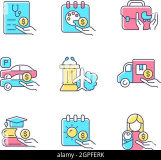 Rewarding employee for hard work RGB color icons set Stock Vector