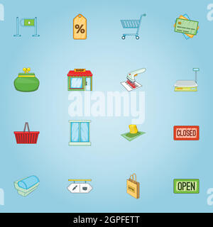 Shopping icons set, cartoon style Stock Vector