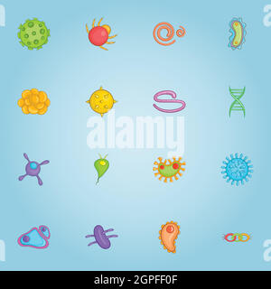 Viruses and bacteria icons set, cartoon style Stock Vector