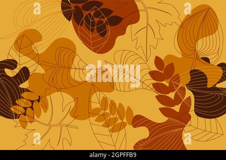 Floral background with leaves and shapes drawing in outline style organic colored Stock Vector