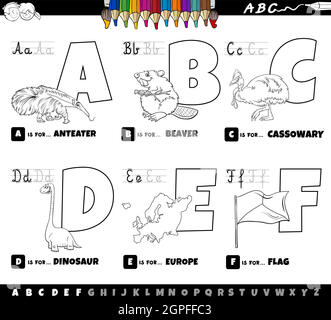 educational cartoon alphabet letters set from A to F color book page Stock Vector