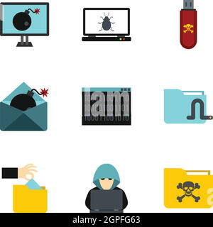 Data theft icons set, flat style Stock Vector