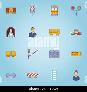 Railroad icons set, cartoon style Stock Vector