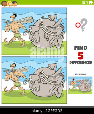 differences educational game with caveman and mammoth Stock Vector